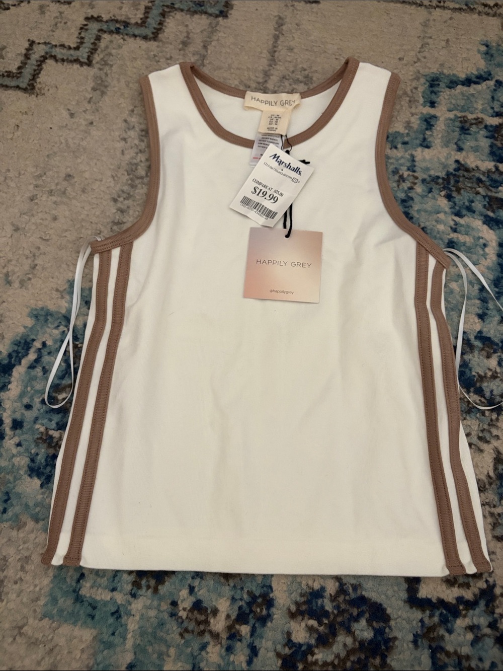 Happily Grey White Tank with Tan Trim and Side Ties